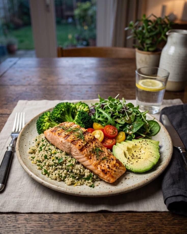 Lemon Herb Grilled Salmon With Quinoa & Steamed Greens